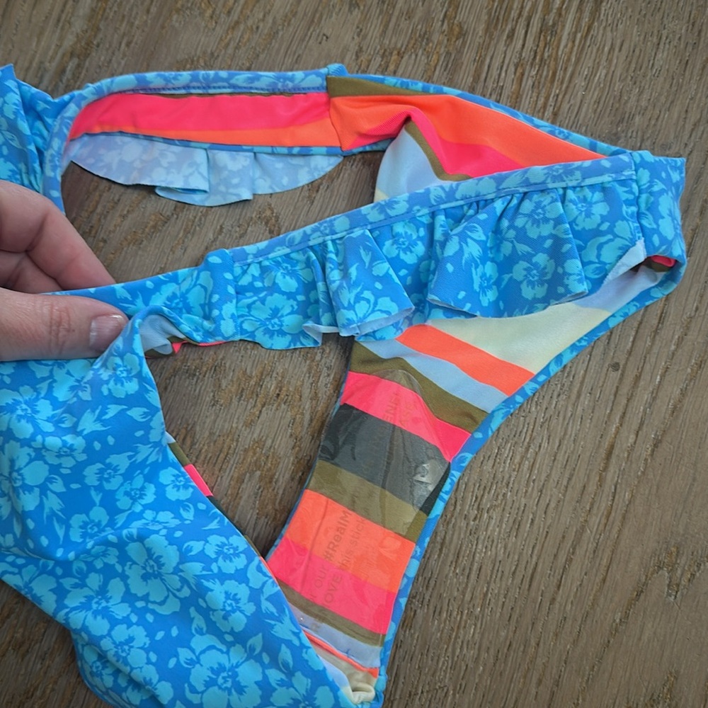 Maaji Blue Floral/ Colorful Striped Reversible Bikini Set - Picture 3 of 7